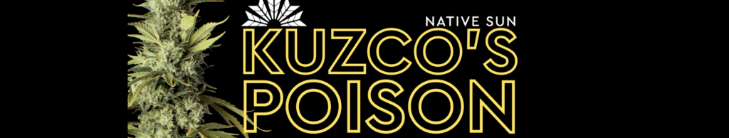 Native Sun Kuzco's Posion weed strain cola on the left and text on the right