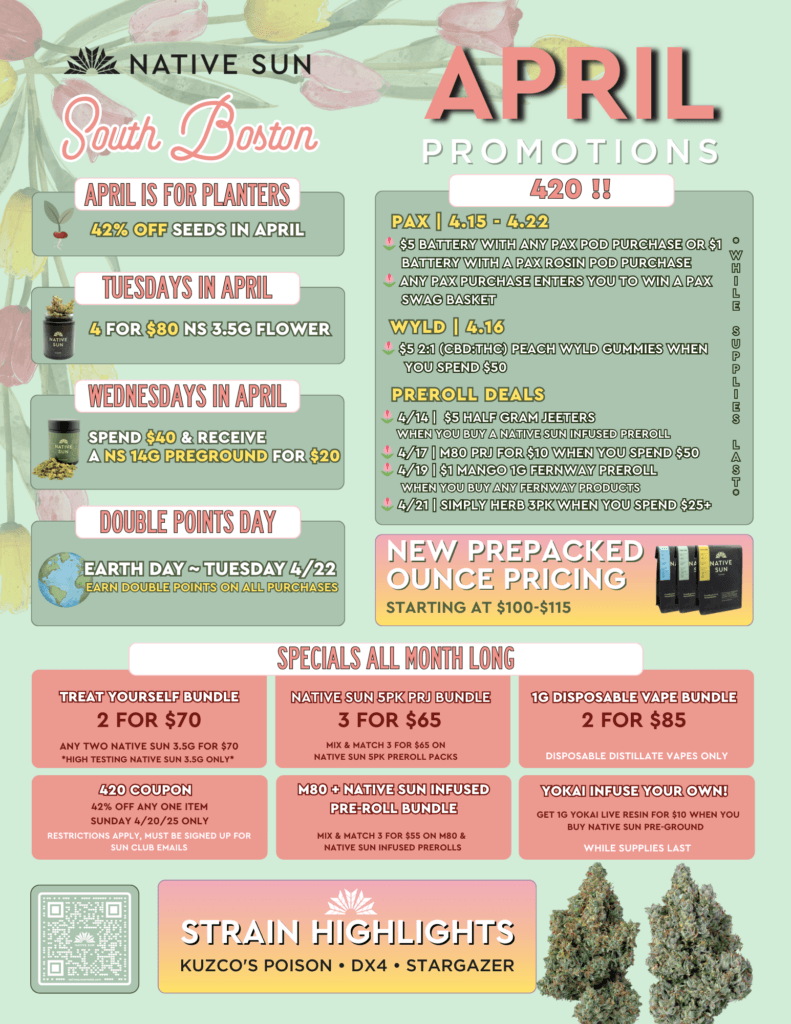Native Sun South Boston April promotions flyer